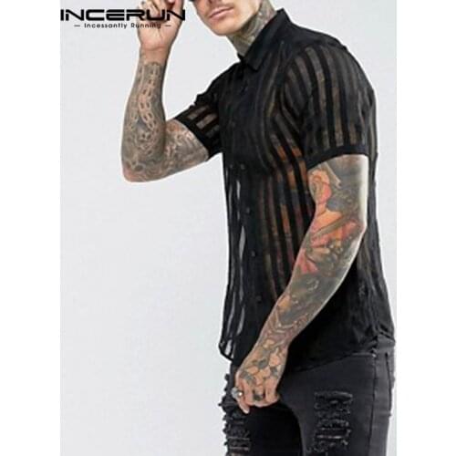 INCERUN Fashion Striped Sexy Shirt Men Transparent Short Sleeve Button Tops See Through Party Nightclub Men Shirts 2021 S-5XL