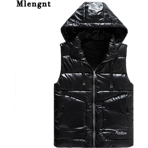 Fashion Silver Shiny Windproof Men Jacket Sleeveless Vests Casual Hat Detachable Winter Coats Thicken Unloading Male Waistcoat