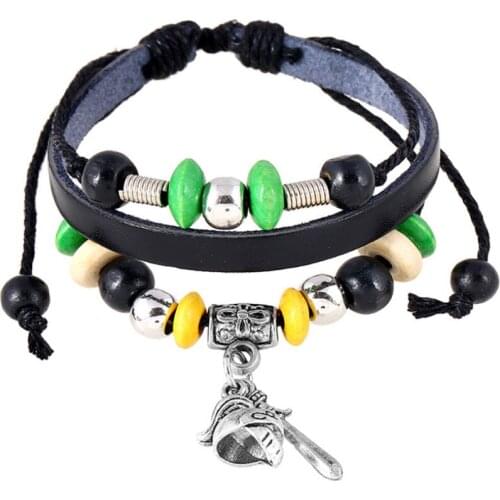 Fashion Punk Men Multilayer Black Leather Bracelet Alloy Soldier Sword Beads Charm Vintage Bangle Wrap Wristbands Hiphop Jewelry