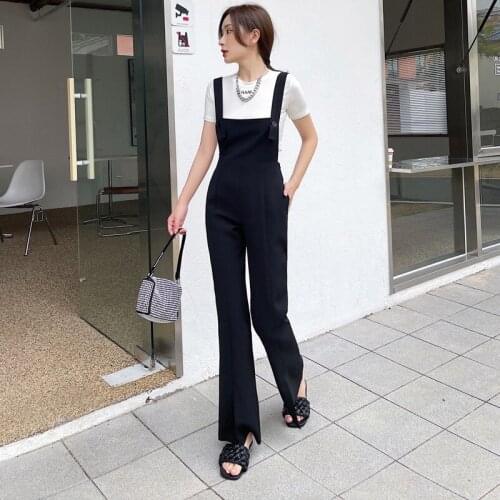 Korean Fashion Wide Leg Flared Pants 2021 Autumn Women Black Open Fork Nylon Plus Size Casual High Waist Suit Suspender Trousers