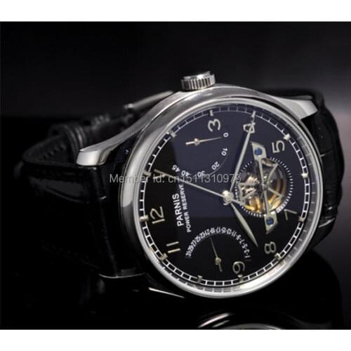 Parnis black dial power reserve ST movement date automatic mens watch 20AU