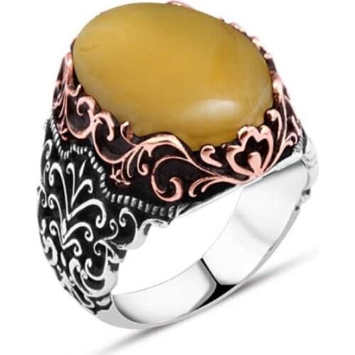 Synthetic Amber Stone Silver Men 'S Ring