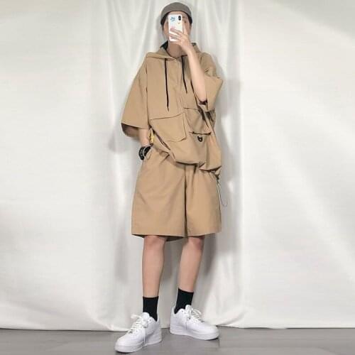 2021 Men Sets Solid Color Hooded Half Sleeve Multi Pockets Sweatshirts Casual Shorts Streetwear Fashion Men Cargo Suits HIP HOP