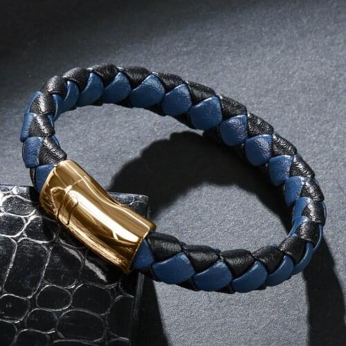 MOZO FASHION Men Retro Jewelry Braided Leather Bracelet Women Handmade Bracelet Trendy Stainless Steel Clasp Wrist Band Blue