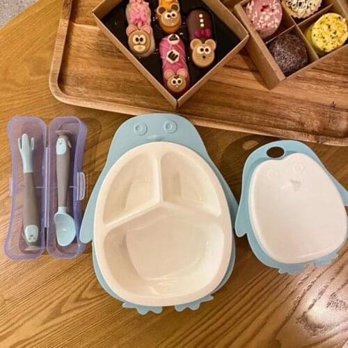 5Pcs/ Set Baby Cartoon Penguin Tableware Childrens Dinnerware Set Home Anti-hot Wheat Straw Training Plate Kids Feeding Dishes