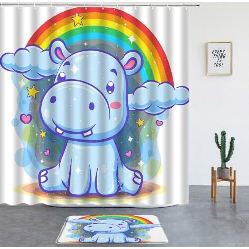 2 Pcs Funny Cartoon Animal Shower Curtains Set Bath Mat Bear Hippo Panda For Bathroom Decor Washable Non-slip Carpet With Hooks