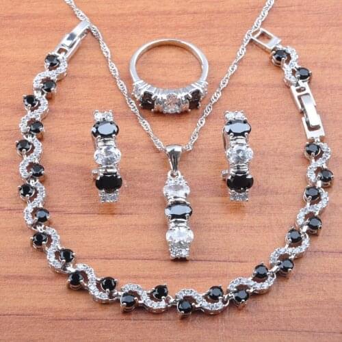 Silver Color Wedding Jewelry Sets Black Cubic Zirconia Crystal Jewelrry Fashion Jewelry Womens Accessories JS0158
