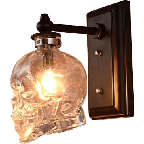 Retro Loft Skull Bones Wall Lamp Sconces Clear Glass Bottle Wall Light Fixtures For Dinning Room Bar Industrial Home Decor E14