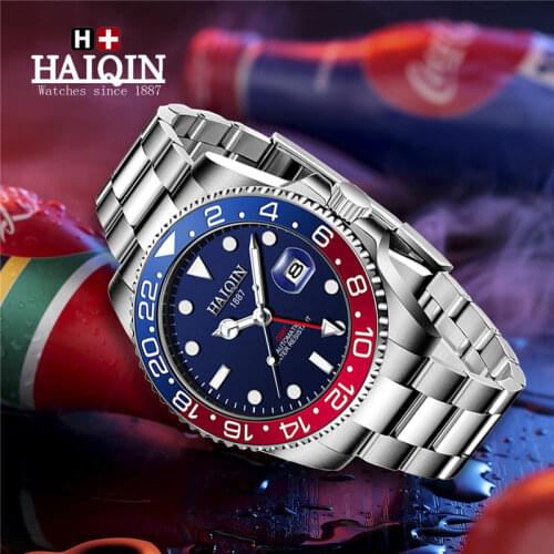 HAIQIN 2020 New Luxury Mens Watches Mechanical Wristwatch Stainless Steel GMT Watch Top Brand Wrist Watches For Men reloj hombre