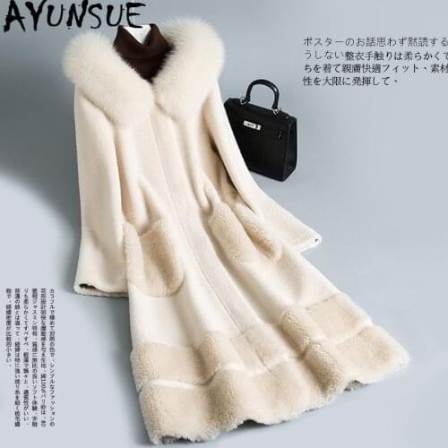 AYUNSUE Winter Coat Women Sheep Shearling Real Fur Coat Female Fox Fur Collar 100% Wool Coats Long Jacket Manteau Femme MY4230