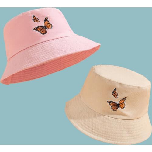 Butterfly Print Bucket Hats For Women Men Bob Fashion Cotton Pink Panama Cap Unisex Outdoor Fishing Foldable Sun Fisherman Hats