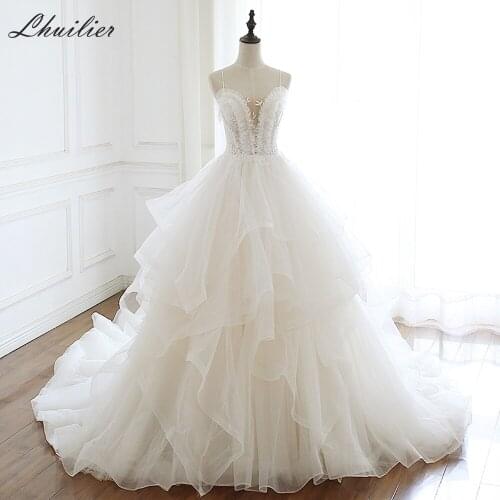 Lhuilier A-line Ruffled Tulle Wedding Dresses 2020 Elegant Spaghetti Straps Floor Length V-neck Ruched Sleeveless Bridal Dress
