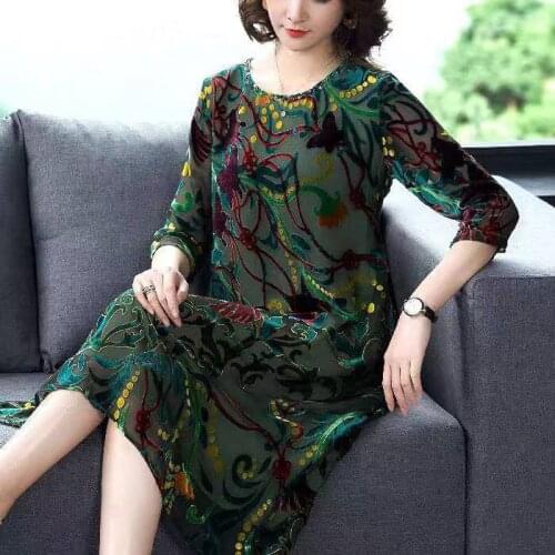 Spring Fall Women 3/4 Sleeve Dobby Velvet Floral Green Dress , Woman Clothes 4xl 5xl Velour Flower Mid Length Dresses