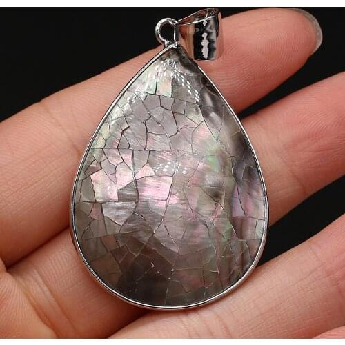 Charms Natural Shell Pendant Water Drop Shape Black Shell Pendant Silver Plated for Making DIY Women Necklace Gift 30x50mm