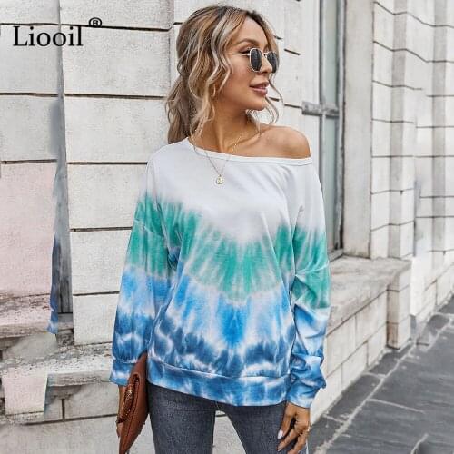 Liooil Casual Tie Dye Shirt Women 2020 Color Block Long Sleeve O Neck Female Autumn Winter Clothes Loose Pullover And Blouses