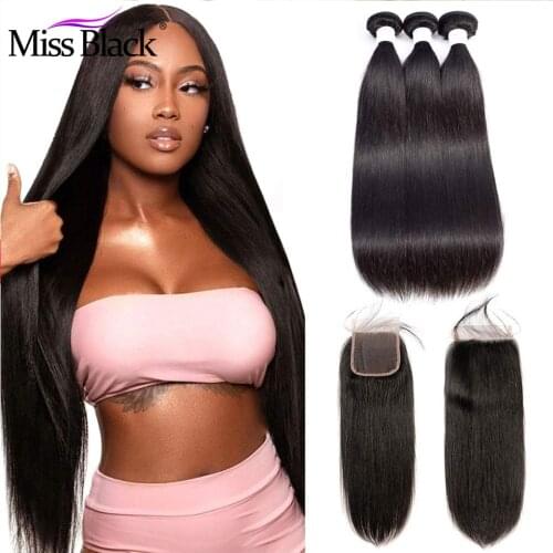 Miss Black Brazilian Straight Hair 3/4 Bundles Human Hair Extension With 4*4 Lace Closure Double Weft Bundles With Closure Swiss