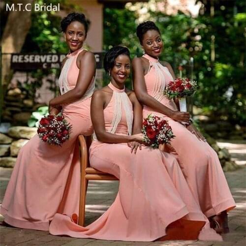 Dusty Pink Long Mermaid African Bridesmaid Dresses With Pearls High Neck Sleeveless Plus Size Black Girls Wedding Party Dress