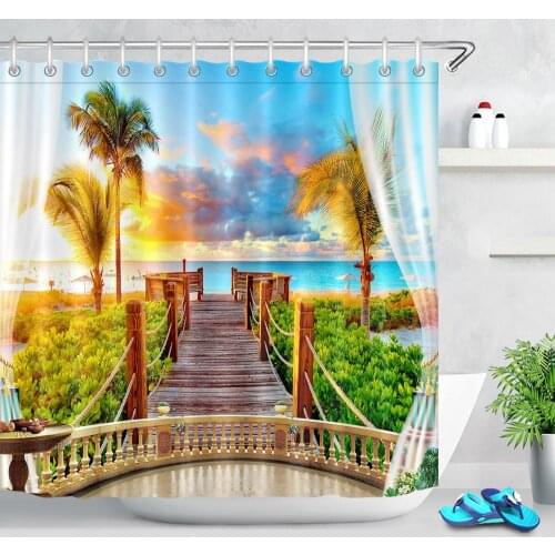 Sea Beach Scenery Pattern Shower Curtain Waterproof Fabric Palm Tree Green Plant Bath Screen Shower Polyester Bathroom Curtain