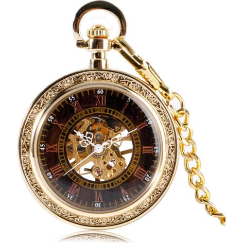 Vintage Golden Skeleton Porket Watch Unisex Retro Mechanical Hand Wind Watch Open Face Design Roman Numbers Watches in Gift Bag