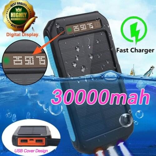 30000mAh Solar Mobile Phone Power Bank Supply Waterproof USB with Cigarette Lighter Outdoor Emergency LED Flashlight