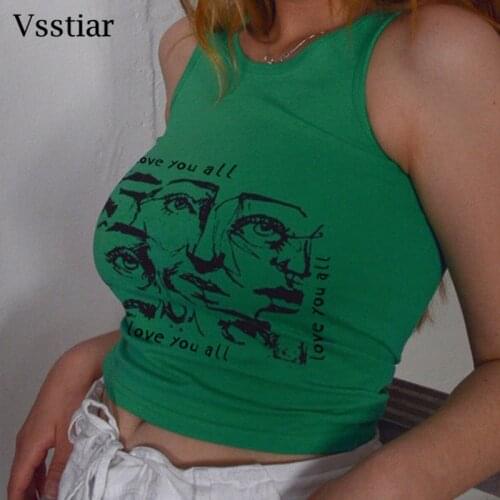 Vsstiar Fashion O Neck Cropped Sexy Printing Sleeveless Abstract Tops 2021 Streetwear Summer Casual Basic Y2K Tank Tops Women