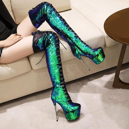 LAIGZEM Women Boots Over Knee Sequined Glitter Metal Heels Boots Wide Calf Friendly Shoes Woman Frauen Stiefel Size 33 39 43