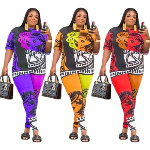 Womens 5XL Plus Size Sets Printing Graffiti Fashion Round Collar Tops Tight Pants Summer Two Piece Suit Wholesale Dropshipping