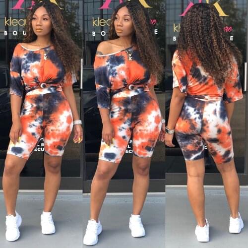 Imcute Womens Summer Sports Suit Fashion Tie-dye Printed Off Shoulder T-Shirts Top Shorts 2 Piece Sets Casual Homewear Clothing