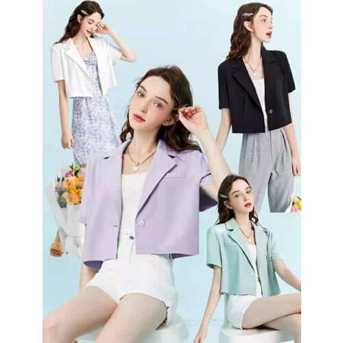 2021 Summer New Vintage casual Blazer Women Solid Color Short Sleeve Suit Jacket Women