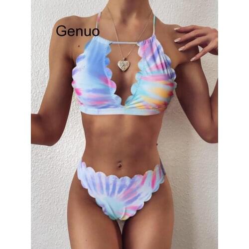 Ladies Sexy Tie Dye Hollow Cut Out Waves Bikini Summer Beach Halter Swimsuit High-quality Swimwear Biquini New