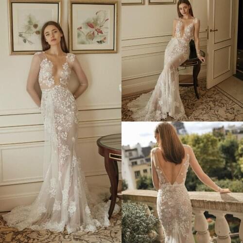 Sexy Mermaid Wedding Dresses Boho Sweep Train V Neck Lace Applique Beach Wedding Dress 2020 Long Sleeve Robes De Mariée
