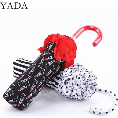 YADA 2020 INS Lipstick Lace Pattern J Handle Princess Umbrella 3-Folding Umbrellas For Girl Women Anti-UV Rain Umbrella YD200314