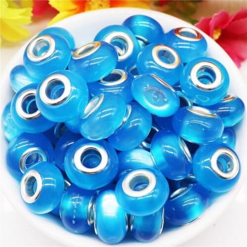 10Pcs Indicolite Blue Color Assortment Cat Eye Large Hole European Spacer Beads Fit Pandora Charms Bracelet DIY Jewelry Making