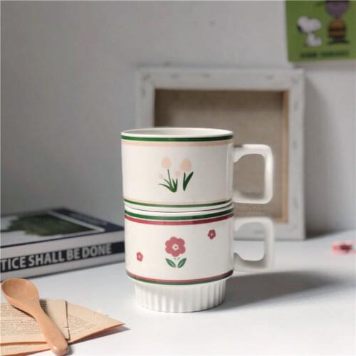 300ML Little Flower Tulip Ceramic Mug Girls Heart Water Cup Milk Breakfast Coffee Cup
