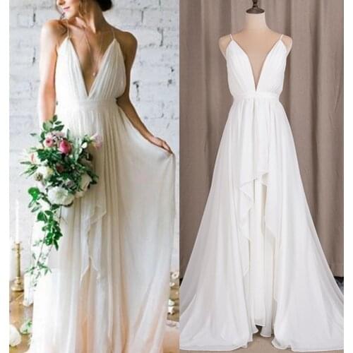 #6276 100% Real Photos Deep V-Neck Spaghetti Strap Boho Sexy Chiffon Plus White Wedding Dress For Mature Woman