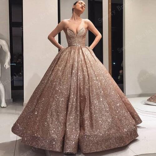 Shiny Ball Gown Arabic Evening Dresses Strapless Sleeveless Sparkling Dubai Formal Prom Party Dresses Vestido de Festa