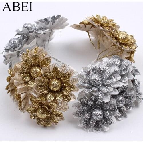 6pcs/lot Gold/Silver Glitter Flower Bouquet For Wedding Party Home Decoration Fake Silk Stamen Flower Diy Floral Wreath Garland