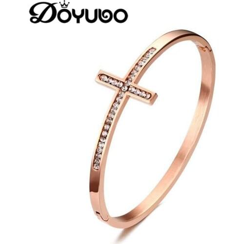 DOYUBO Elegant Womens Rose Gold Cross Bangles Stainless Steel Fashion Lady Bracelet With Rhinestone Classical Jewelry DD058