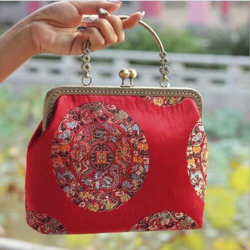2021 Angelatracy Chinese Cheongsam Red Women Bronze Wedding Satin Fabric Jaquard Shoulder Ladies Frame Bag Crossbody Handbag
