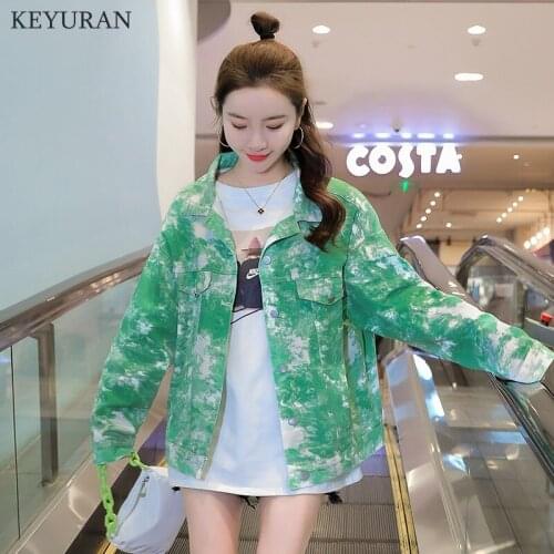 BF Style Spring Fall Short Tie Dyed Denim Jacket Women Blue Sky White Cloud Grass Green Loose Harajuku Femme Streetwear Clothes