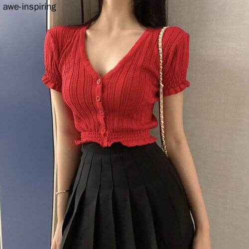 Summer Casual Crop Top Women 2021 Korean Style V Neck Short Sleeve Thin Knitted T-shirt Women Clothes Yellow Green Ropa Mujer