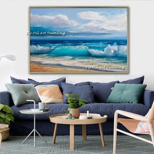 Best Modern100% Handpainted Oil painting Sea Wave Beach Landscape Sky Decoration Home View Abstract Oil Painting Bedroom Gifts