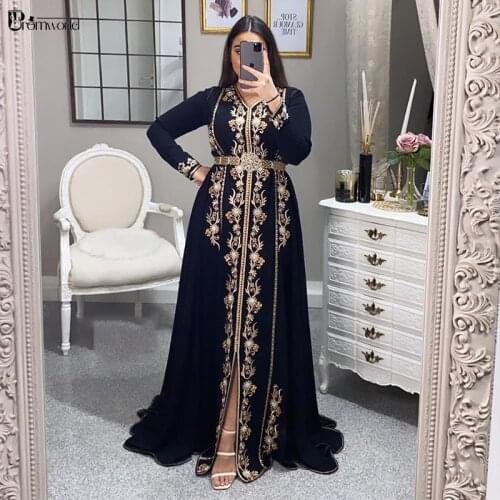 Moroccan Caftan Evening Dresses Long Sleeve Embroidery Lace Beaded Navy Blue Muslim Formal Gown Dubai Arabic Party Prom Dress
