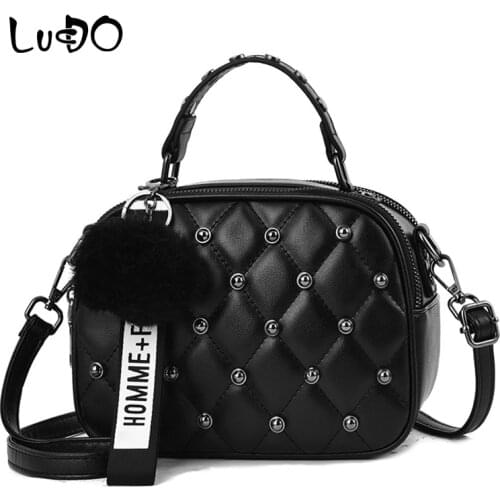 LUCDO Mini PU Leather Crossbody Bags For Women Bags Designer Hair Ball Shoulder Messenger Bag Ladies Small Rivet Handbags Phone