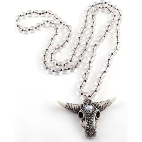 MOODPC Fashion Glass Crystal Long Knotted Ox Bull Head Horn Pendant Necklace Women Lariat Necklaces