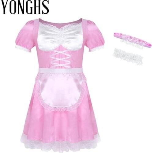 Mens Sissy Maid Uniform Fancy Dress Costume Outfit Short Sleeve Satin Dress with Choker and Headband Role playing Sissy Clothes