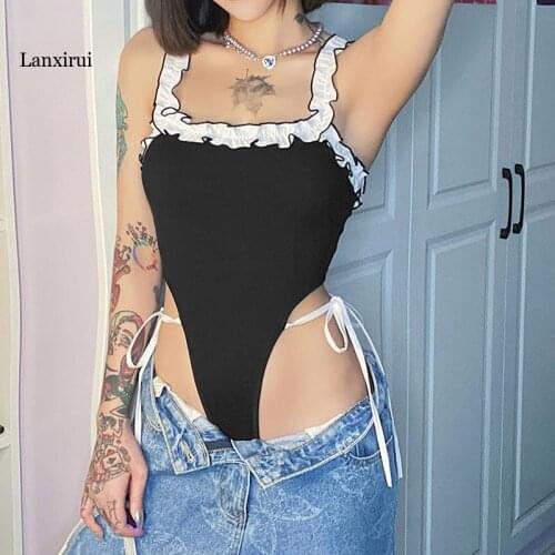 New Womens Sexy Square Neck Frill Trim Color Block Tie Side Bodycon Leotards Bodysuit Tank Black Tops Chic Spring Summer Fall