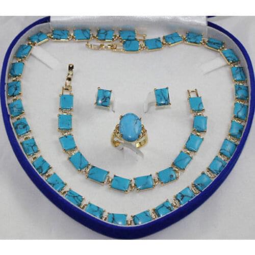 Free Shipping >>Turquoise stone necklace bracelet earring ring set