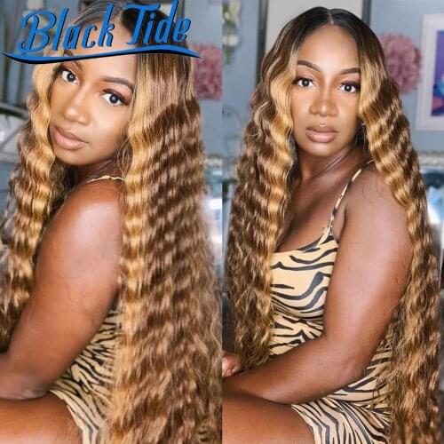 Deep Curly Lace Front Wig 200% Highlight Wig Human Hair Remy IndianDeep Wave Frontal Wig Transparent 13x4 Lace Frontal Wig