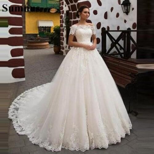 Sumnus Princess Wedding Dress Short Sleeves Lace Appliques A-Line Long Bridal Gowns Plus Size Women Wedding Dresses